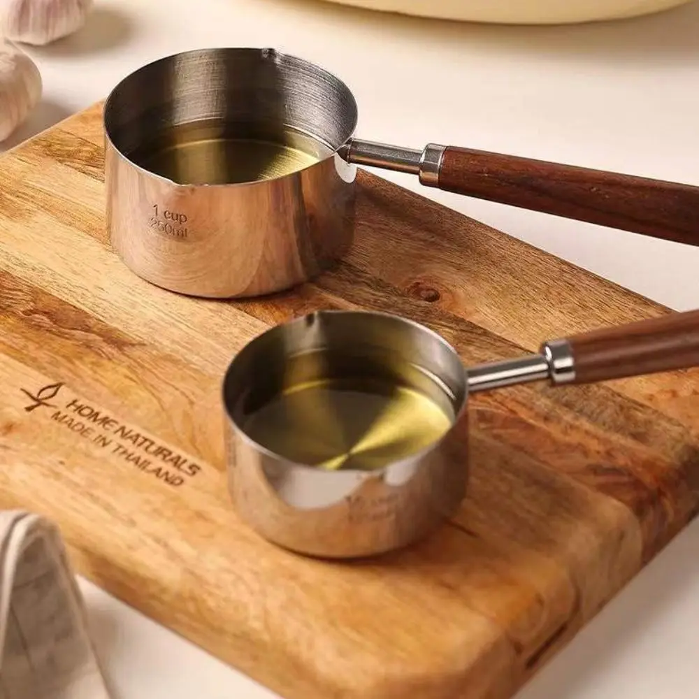 Mini Frying Pan Wooden Handle Milk Pan with Scale 304 Stainless Steel Small Sauce Deepen Spout Oil Pot Butter Melting