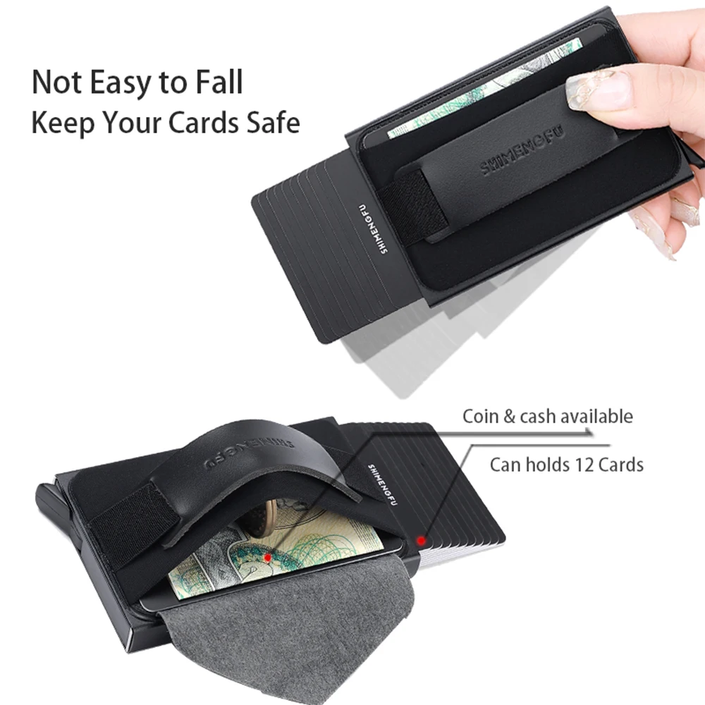 RFID Blocking Pop-up Card Holder Leather+Metal Bank Card Wallet Men's ID Cover Credit Minimalist Holder Bag For Women