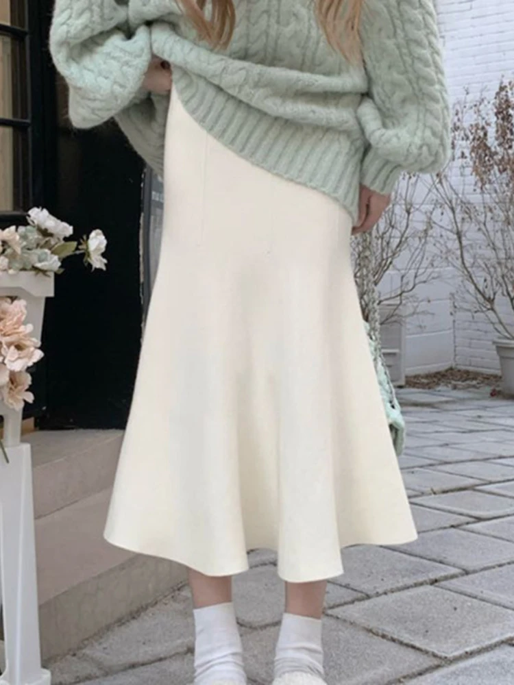 HOUZHOU Knitted Mermaid Skirt Women Korean Fashion Autumn Winter Chic and Elegant Solid High Waist Sexy Slim Long Skirt Office houzhou розовые джинсовые брюки девушка корейская сладкая широкая нога высокая талия джинсы kawaii chic сладкие моющие брюки