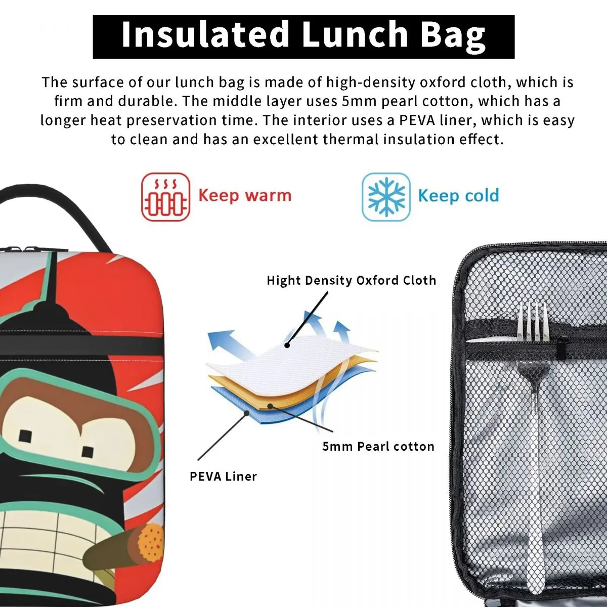 Futurama Bender Art Thermal Insulated Lunch Bag for Travel Portable Food Bag Container Thermal Cooler Food Box