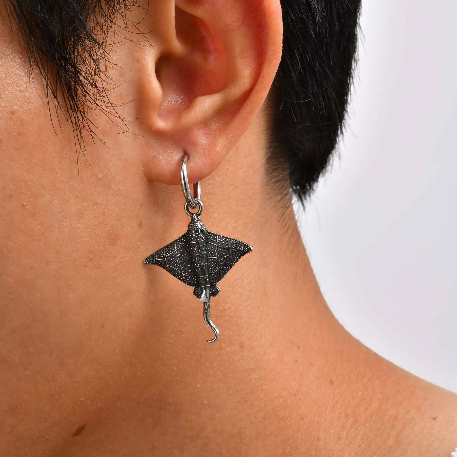 Waterproof Devil Fish Hoop Earrings for Men,Stainless Steel Fish Drop Earring