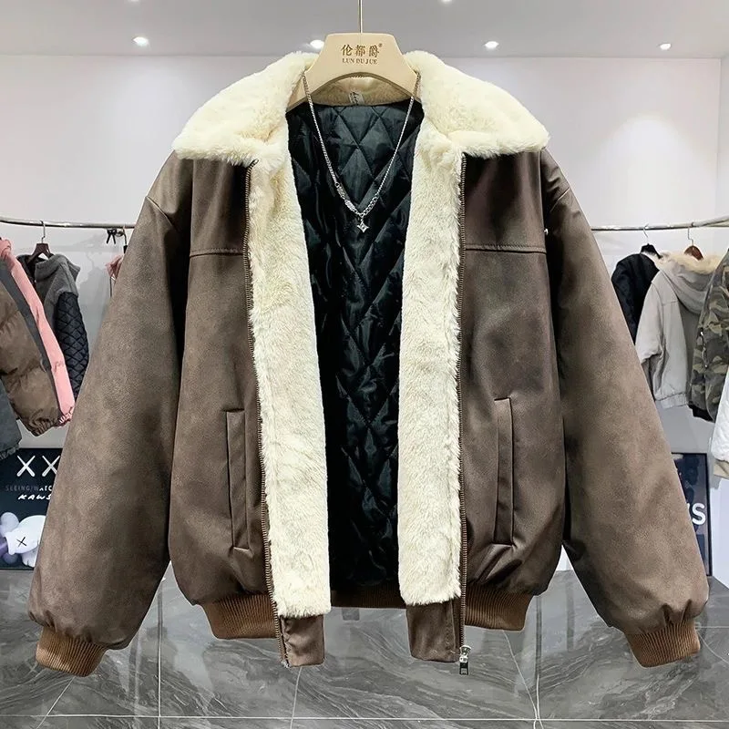 New Autumn and Winter Fashion Trend Thickened Warm Lambskin Workwear Jacket For Men's Casual Loose Sports Plus Size Jacket M-3XL