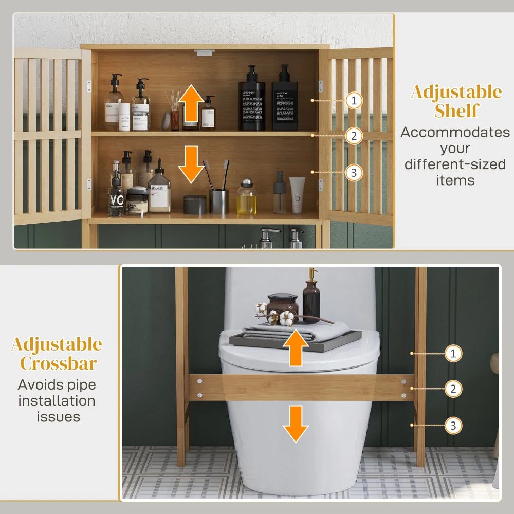 HOMCOM Bamboo Over the Toilet  Cabinet, Over Toilet Bathroom Organizer with Slatted Doors, Adjustable Shelf and Open Shelf, Natu 3