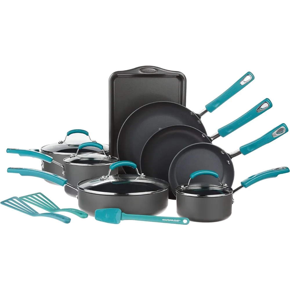 

Rachael Ray Classic Brights Hard Anodized Nonstick Cookware Pots and Pans Set, 15 Piece - Agave Blue