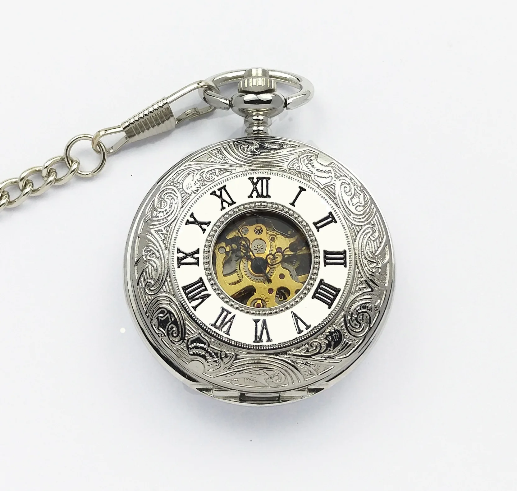 Luxury Steampunk Sliver Mechanical Pocket Watch for Men Ladies Skeleton Dial Engraved Case Fob Chain Pendant Collection Clock