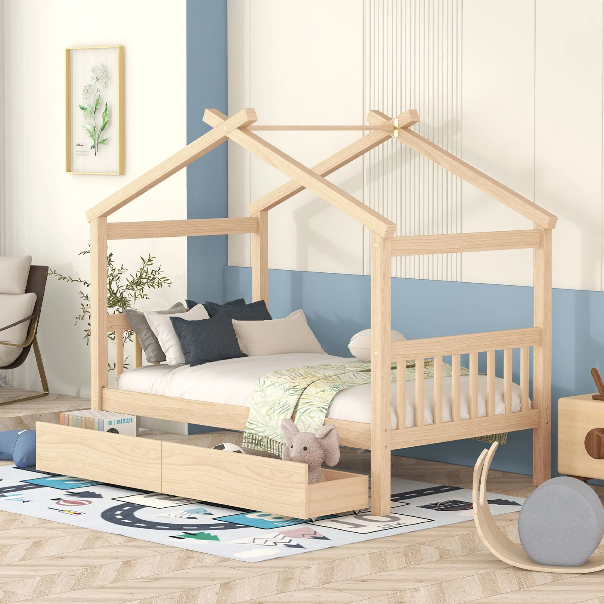 

Wooden House Bed with Drawers