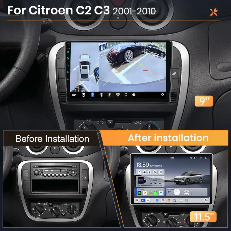 AWESAFE Kabelloses CarPlay Android Radio für Citroen C2 C3 2001-2010 mit GPS-Navigation Bluetooth WiFi Schnellstart DSP FM Plug & Play