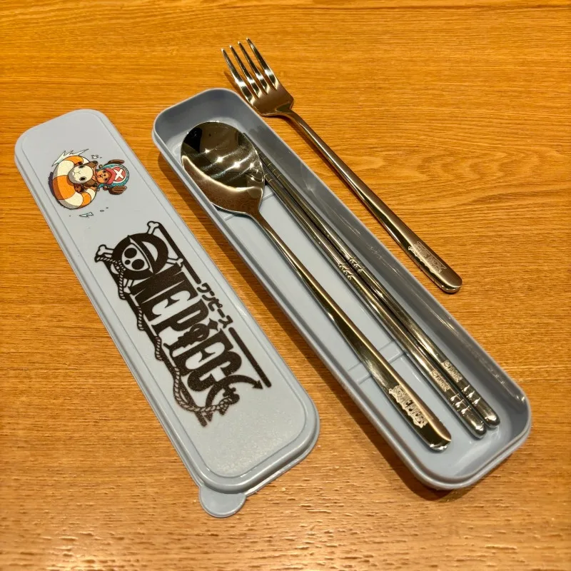 One Piece Chopper Cartoon Stainless Steel Tableware Set - Portable Three-Piece Chopsticks, Spoon, and Fork with Gift Box
