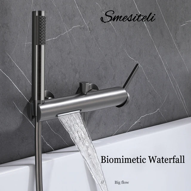 ชุดก๊อกน้ำฝักบัวอาบน้ำแบบติดผนัง สีทองขัดเงา/สีดำด้าน วัสดุทองเหลืองแท้ แบบน้ำตก น้ำร้อนน้ำเย็น สำหรับอ่างอาบน้ำ แบบ 2 หัวก๊อก 2 รู 1