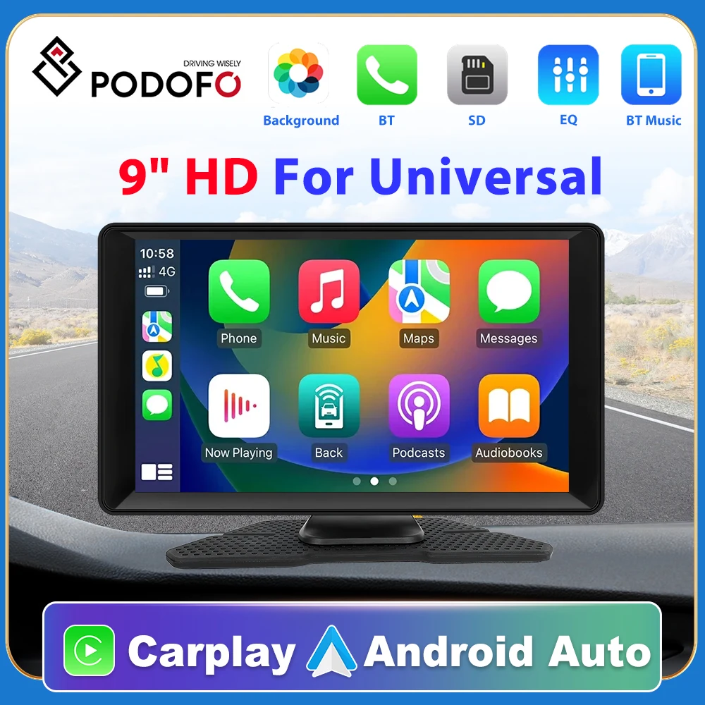 카플레이 모니터 IPS 머리 받침 모니터 태블릿 터치 스크린, 자동차 뒷좌석 디스플레이, 에어플레이 미러 이미지 비디오 플레이어, 안드로이드 12 시스템, 10.1 인치 10 Podofo 휴대용 스마트 플레이어 모니터, 애플 아이플레이 블루투스 음악 AUX로 안드로이드 오토 지원, 9 인치 카플레이 MP5