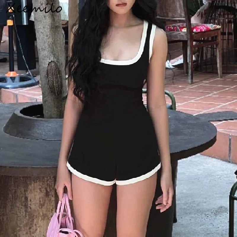 Xeemilo Casual Black White Patchwork Jumpsuit Y2K Square-neck Chic Lingerie Short Jumpsuits Women 2023 Sleeveless Romper T-shirt