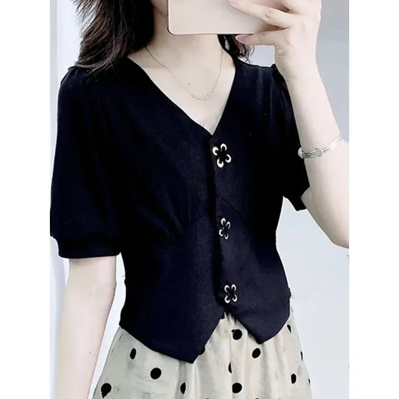 

Design Short Sleeve V-neck Shirt Women's Fashion Summer Thin Top Vintage Clothes for Women Tops Shirts Blouses