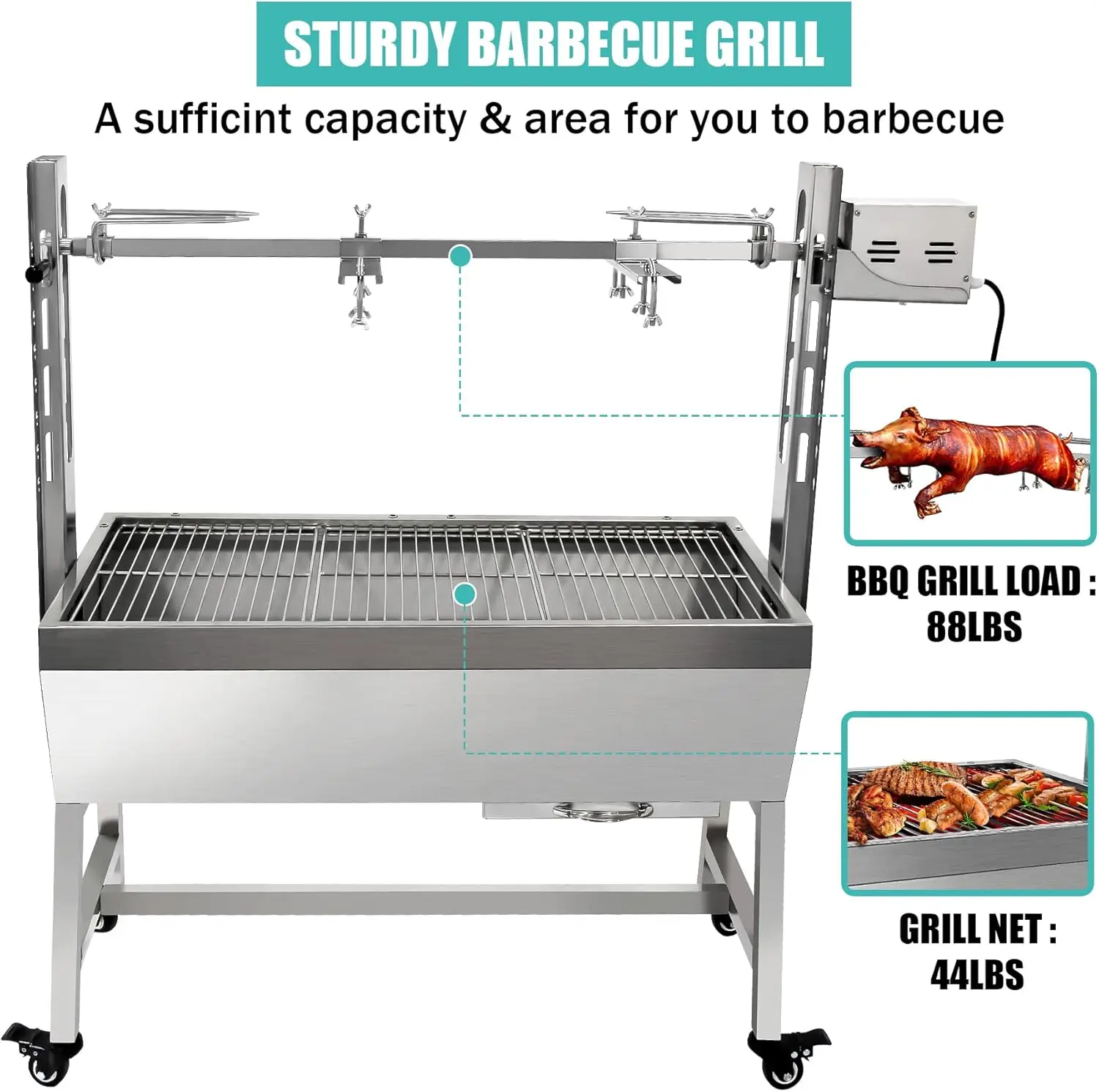 Steel Rotisserie Grill, 25W Motor Small Pig Lamb Rotisserie Roaster, 37'' 2 in 1 BBQ Charcoal Rotisserie Grill for Camping Outdo 6