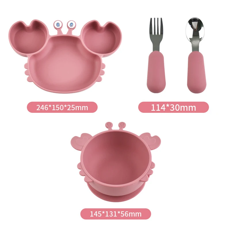 4Pcs/Set Baby Safe Silicone Dining Plate Cartoon Crab Bowl And Stainless steel Fork Spoon Children Fall Prevention Tableware Set 2