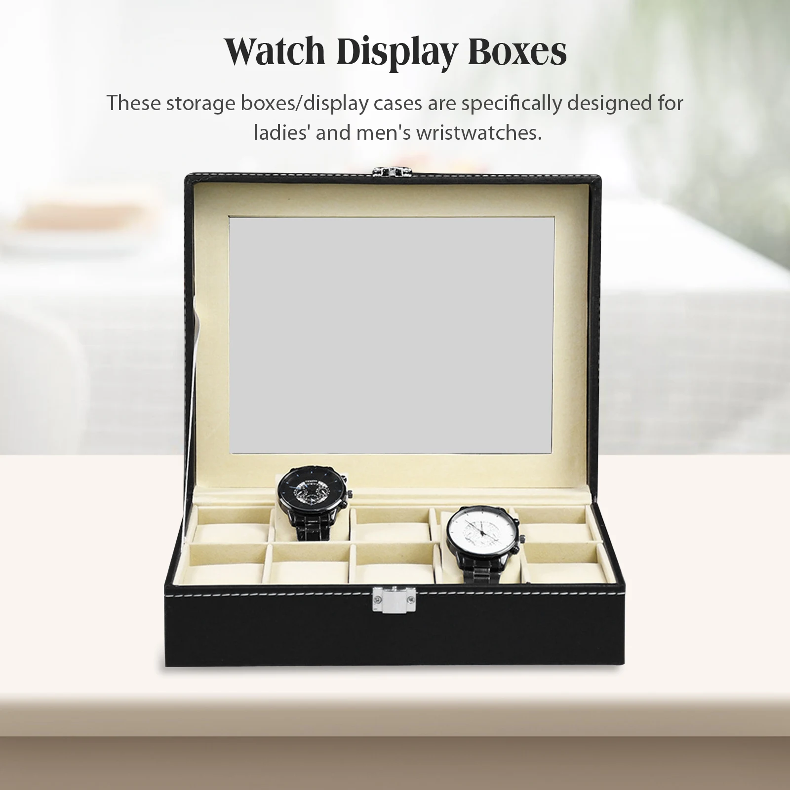 10/12 Slot Wrist Watch Box PU Leather Jewelry Display Case with Glass Top Jewelry Gift Boxes Case for Men and Women Presents