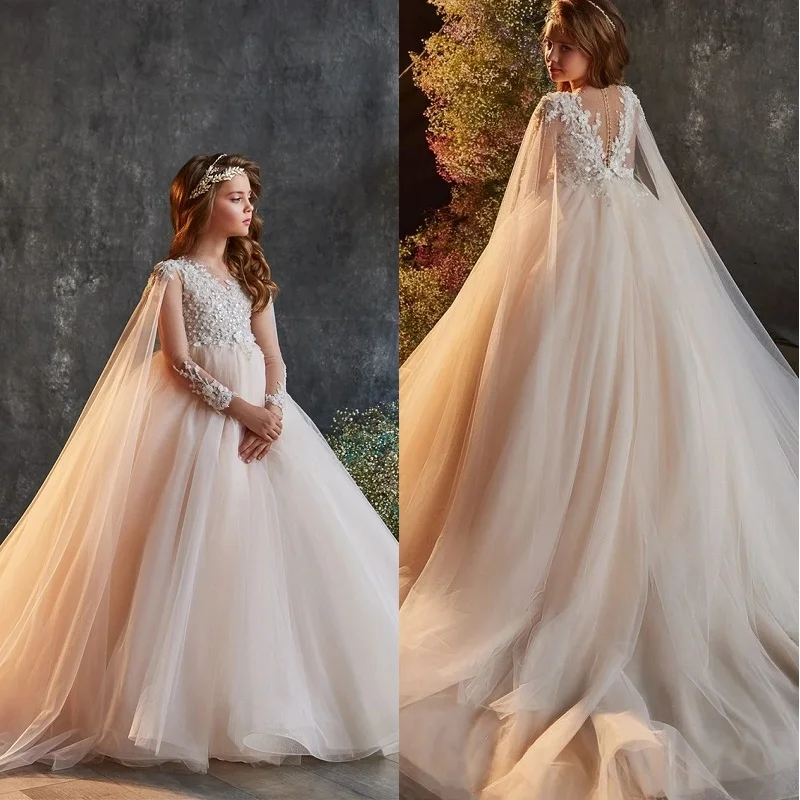 

Flower Girl DressLuxury Champagne Glitter Tulle Girls Dresses For Wedding Party Children Princess Costume First Communion Dress