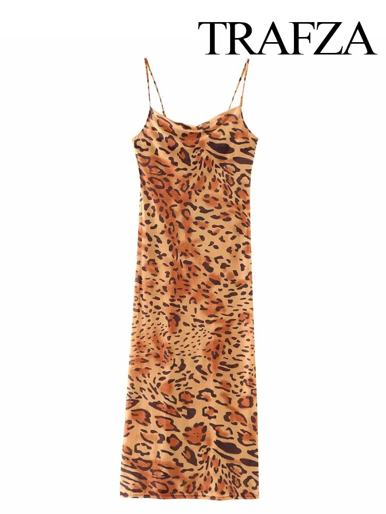 

TRAFZA Women New Chic Summer Vintage Sheer Leopard Print Slip Dress Woman Sexy Fashion Backless Beach Style Midi Dresses Mujer