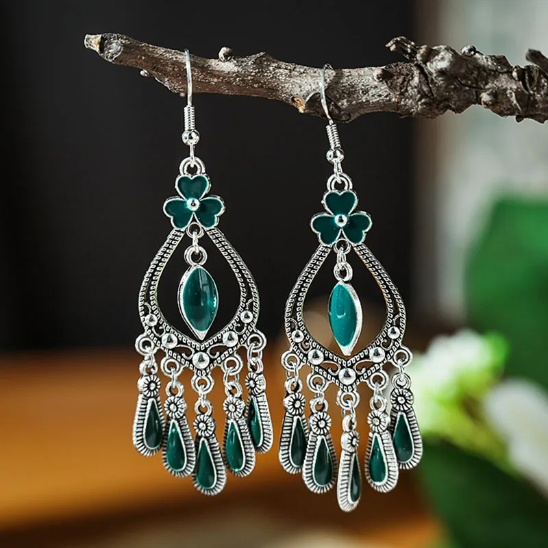 Ethnische Tropfen Öl Blume Wasser Tropfen Vintage Ohrringe für Frauen Einfache Temperament Silber Farbe Legierung Baumeln Ohrring Schmuck – Detail 7