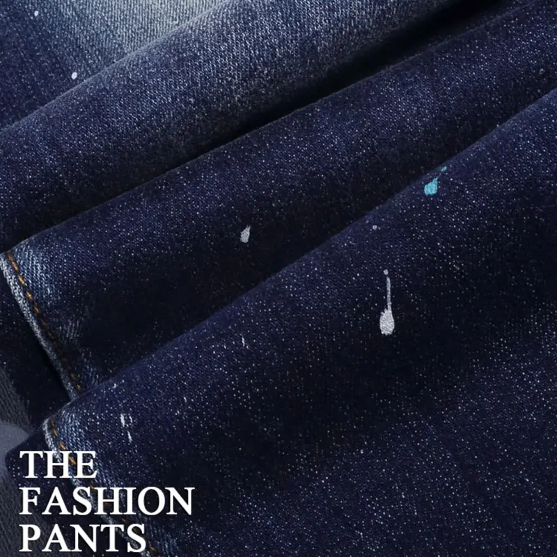 High Street Fashion Men Jeans Retro Blue Stretch Skinny Fit Painted Ripped Jeans Hole Patched Designer Vintage Brand Pants Homme