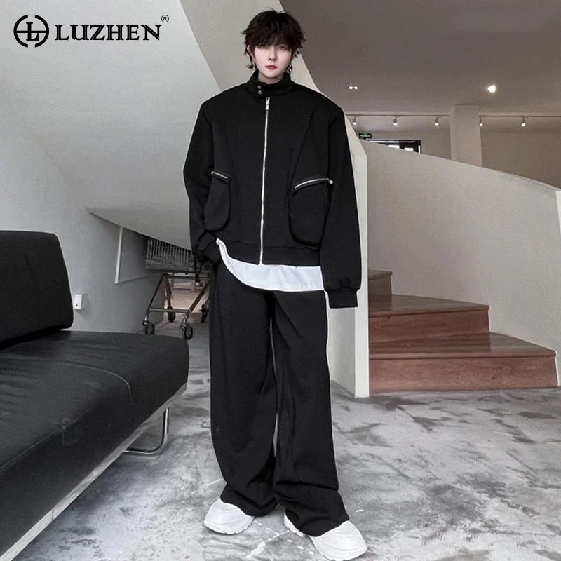 

LUZHEN 2024 Spring Trendy New High Street Zipper Splicing Pockets Loose Casual Jacket Straight Pants Men's Two-piece Sets A1b960