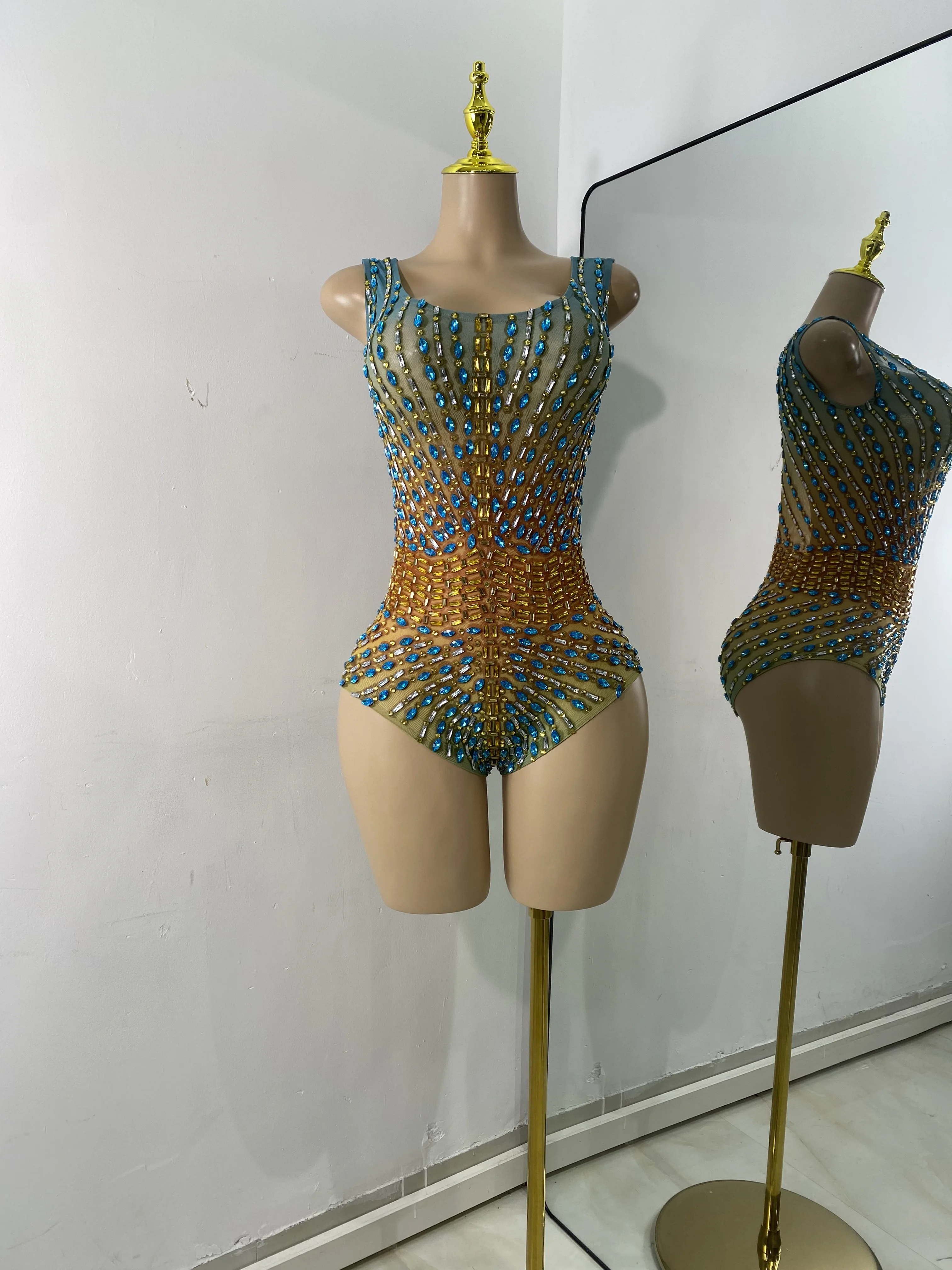 Luxury Rhinestones See Through Tight Bodysuit Women Sexy Sleeveless Mesh Performance Stage Outfit Night Club Dance Costume