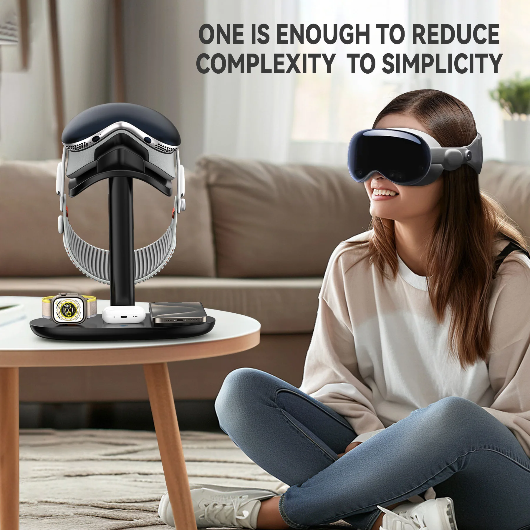 3 in 1 Wireless Charging Station for Apple Vision Pro VR Glasses Hanger Removable Charger Stand for Study Game Room Office