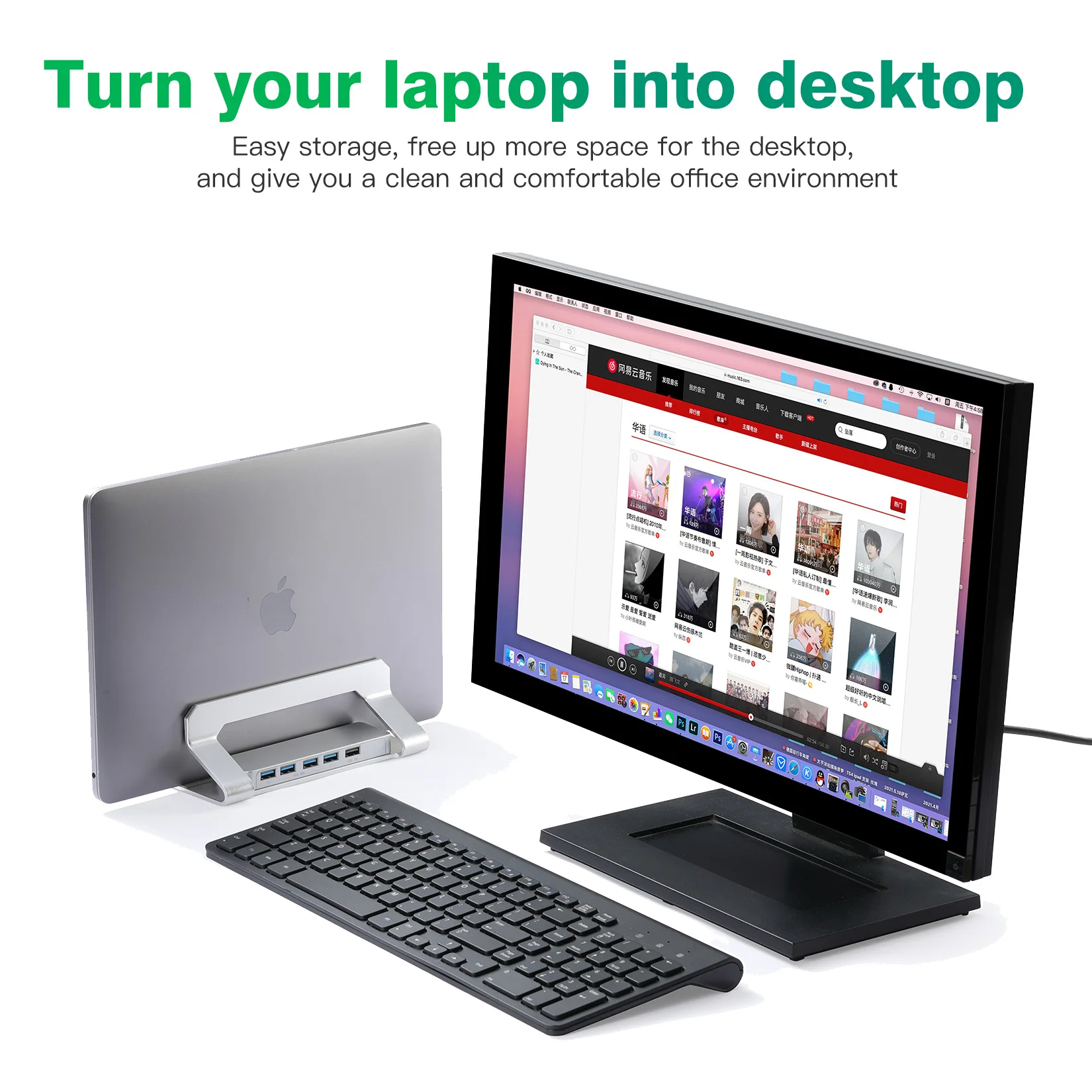 Aluminum Width Adjustable Vertical Desktop Holder Dock Save Space for Desk Organizers and Storage Laptop Stand With 3.0 Hub