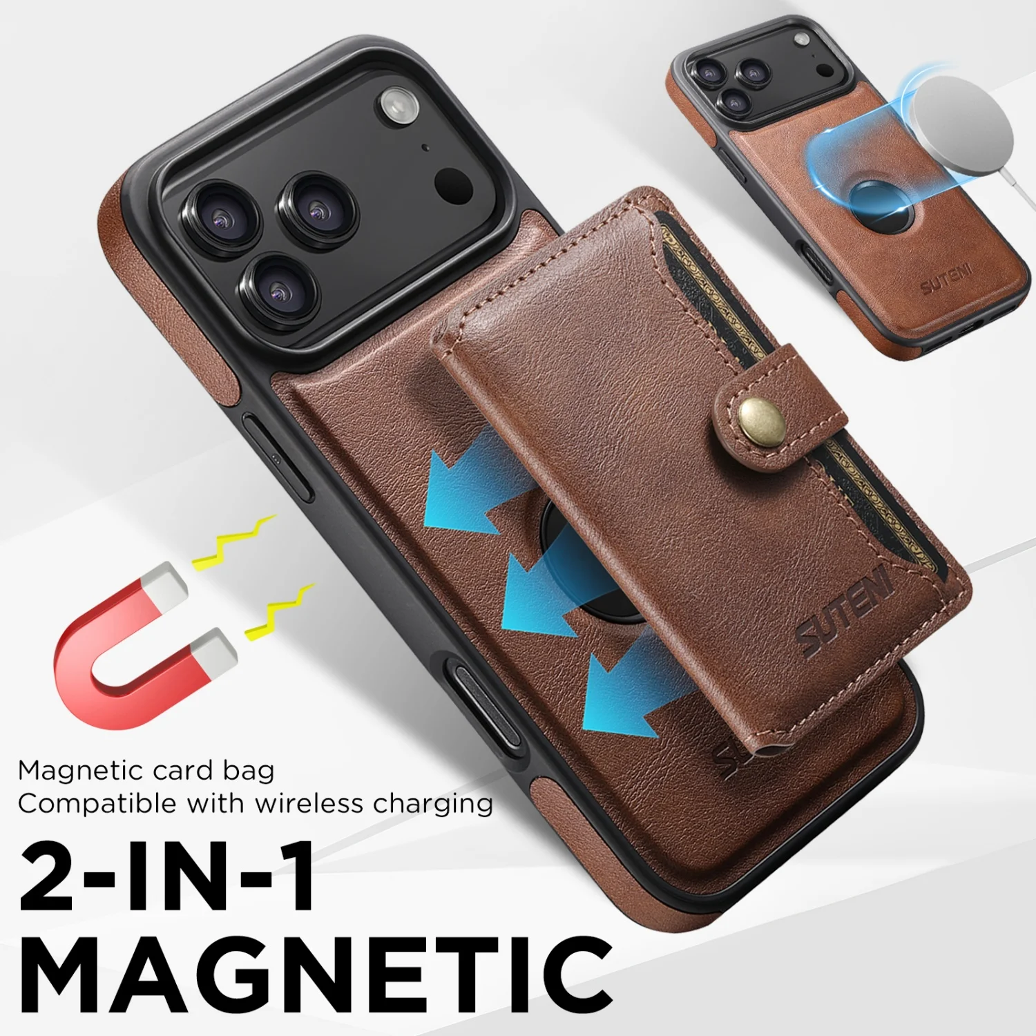 Magnetic Leather Case with Card Holder - All-Round TPU Protection, Two-in-One Design