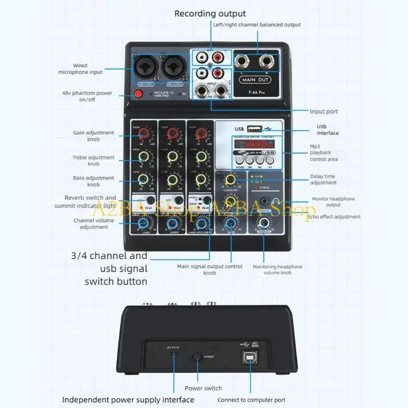 호환 USB 연결 4채널을 갖춘 A2BA 무대 및 홈 DJ 믹서