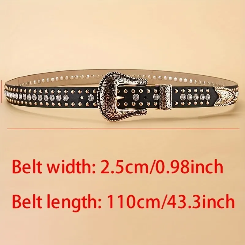 Women's Belt Vintage Carved Buckle Thin Belt Fashion Rhinestone Rivet Personalized Street Men's Belt Punk HipHop Rock Y2K Style
