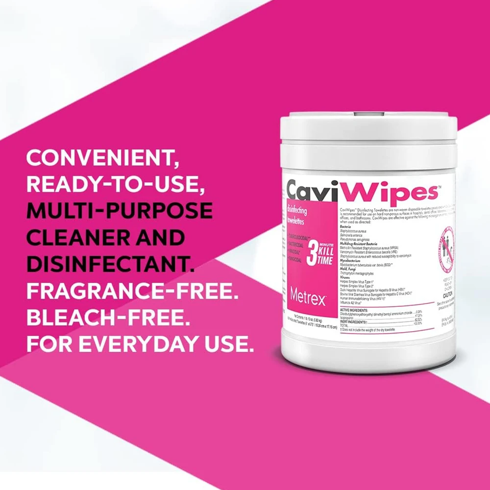 Lingettes désinfectantes CaviWipes en gros plan, montrant le motif de la boîte.