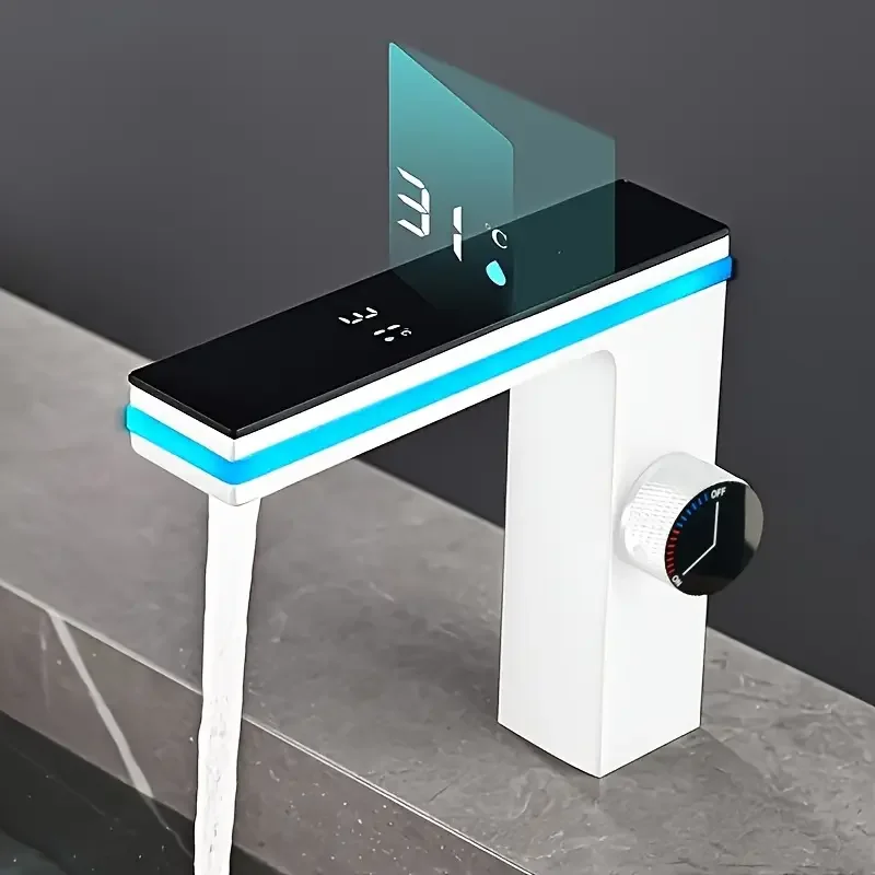 Modern Black Single Hole Bathroom Sink Faucet with Digital Temperature Display - Battery-Free Hydraulic Power