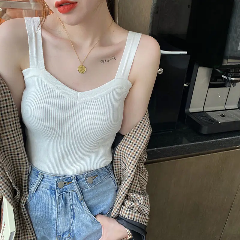 

Sexy Ice Silk Knitted Suspender Top Summer Outerwear Tank Top Women's Thin Design Sense Small Camisoles Sexy Crop Top