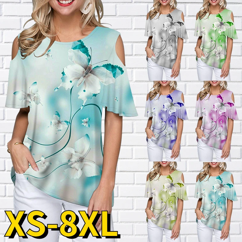 

Women's 2022 Summer Off-the-shoulder T-Shirts Butterfly Printing T-Shirts Pullovers New Tops