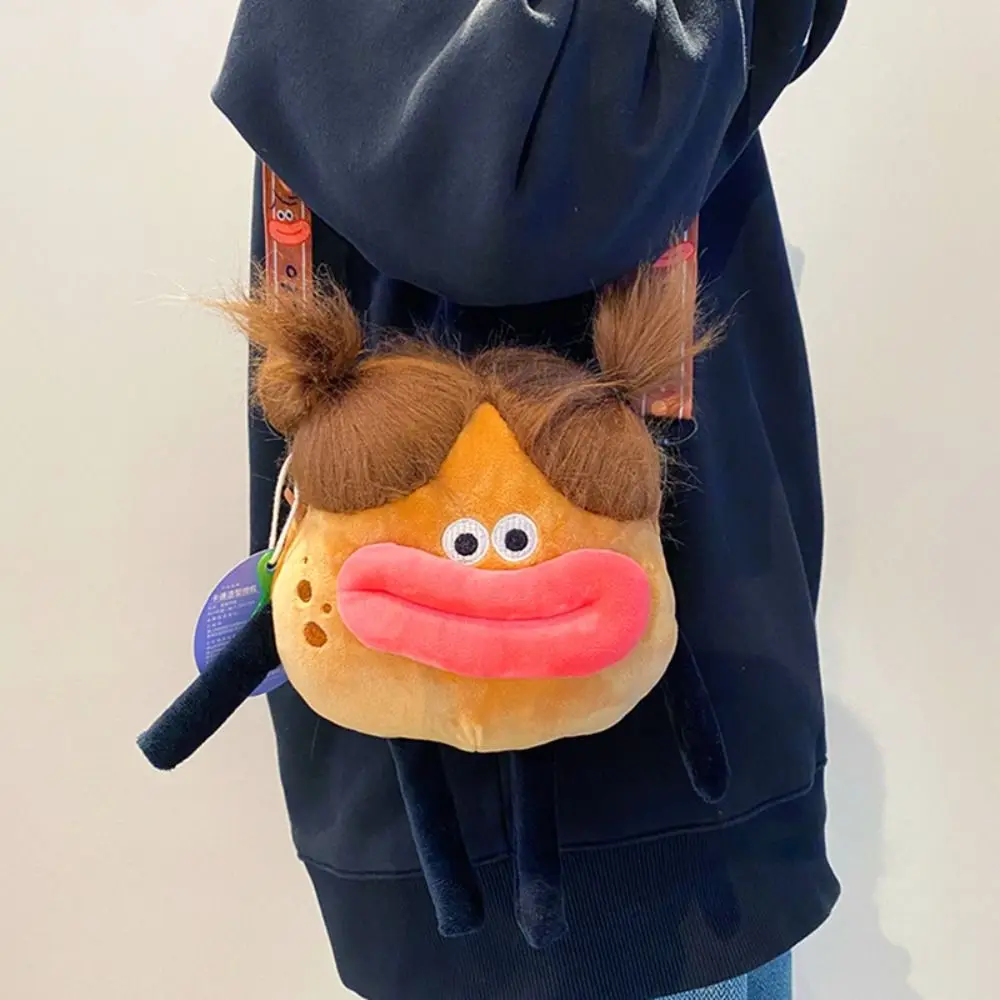 Ugly and Cute Braided Girl Plush Crossbody Bag Cartoon Sausage Mouth Plush Handbag Big Eyes Plush One Shoulder Crossbody Bag