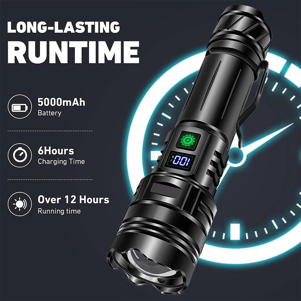 USB 충전식 휴대용 LED 손전등, 매우 밝은 램프, 다기능 배터리 디스플레이 랜턴, 펜꽂이 토치