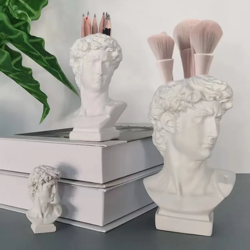 Nordic Portrait Vase Human Head Flower Vase Cachepot Resin David Sculpture Pen Holder Makeup Brush Storage Box Desk Accessories