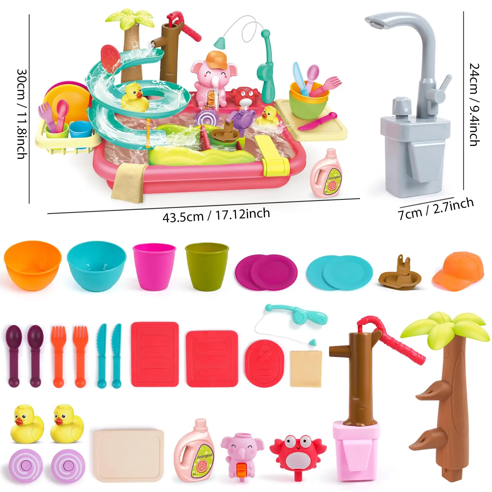 VATOS Electric Faucet Hand Pump-2 in 1 Sink Duck Slide Kitchen Table Sink Toy Pool Float Fishing Game Dishwasher Set for kids 6