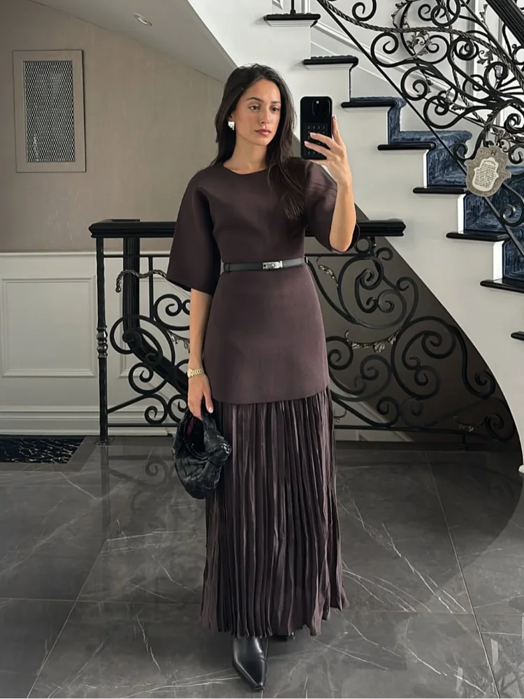 Elegant Solid Round Neck Fold Hem Women Long Dress Fashion Short Sleeve Slim Fit Maxi Dresses 2025 Lady Summer New Commute Robes 6