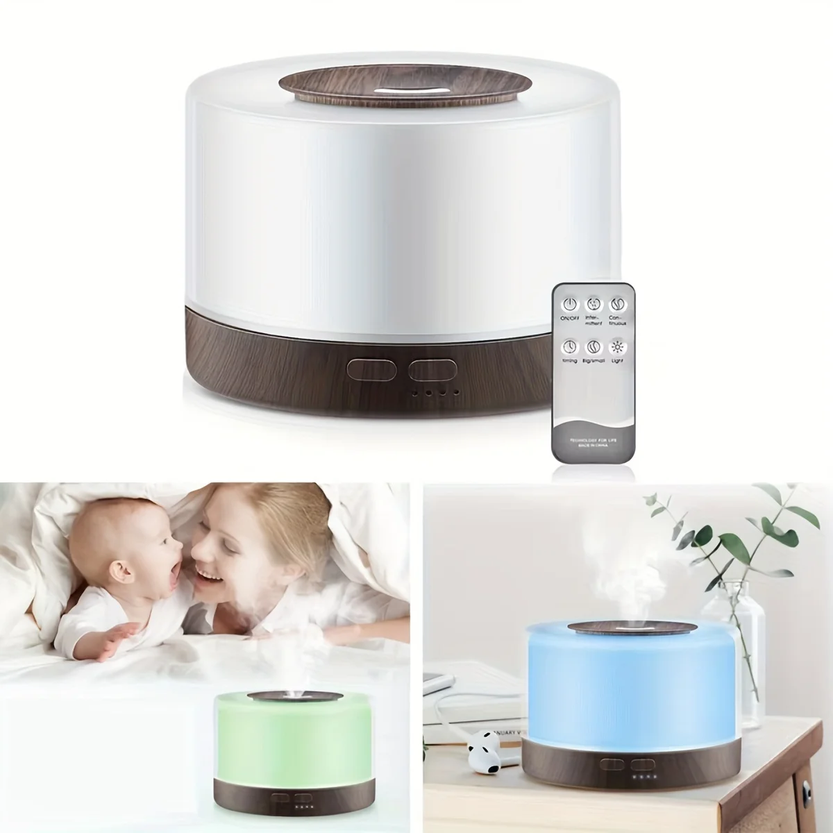 Difusor de grão de madeira de 7 cores 500ml | Umidificador de óleo essencial com controle remoto, desligamento automático
