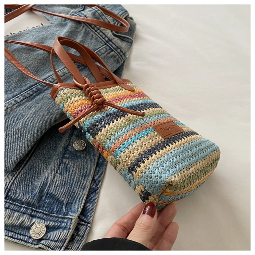 Small Bag Women's Summer New Popular Versatile Contrasting Color Straw Messenger Bag Casual Fashion Shoulder Bucket Bag