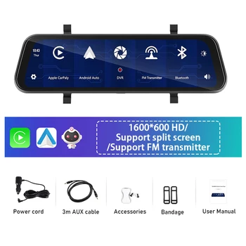 Podofo 차량용 비디오 레코더 백미러 카메라, 9.66 인치 울트라 HD 미러 카메라, 무선 카플레이, 전면 및 후면 카메라 미러 DVR 블랙 박스