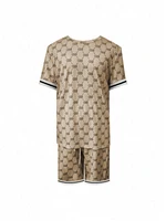 Casual Hommes Costume De Mode Lettre Imprimé Fleur Couleur Col Rond Manches Courtes Shorts Personnalisé Tendance Deux Pièces Vêtements 2