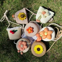 Summer Children Girl Straw Bag Kid Cute Pink Bow Handmade Woven Messenger Bags Storage Basket Crossbody Handbag Photo Props Gift 5