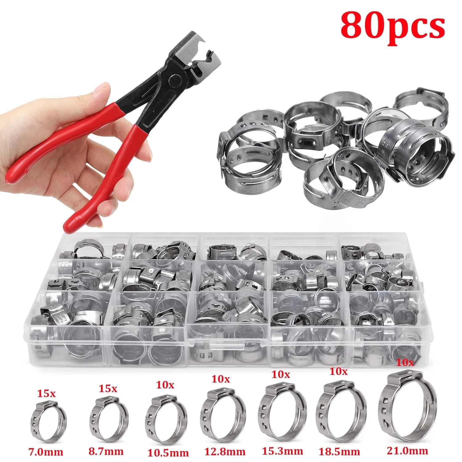 130/80pcs Single Ear Stepless Hose Clamps With a Hose Clip Clamp Pliers 7-21mm Stainless Steel Fuel Hose Clamps Cinc