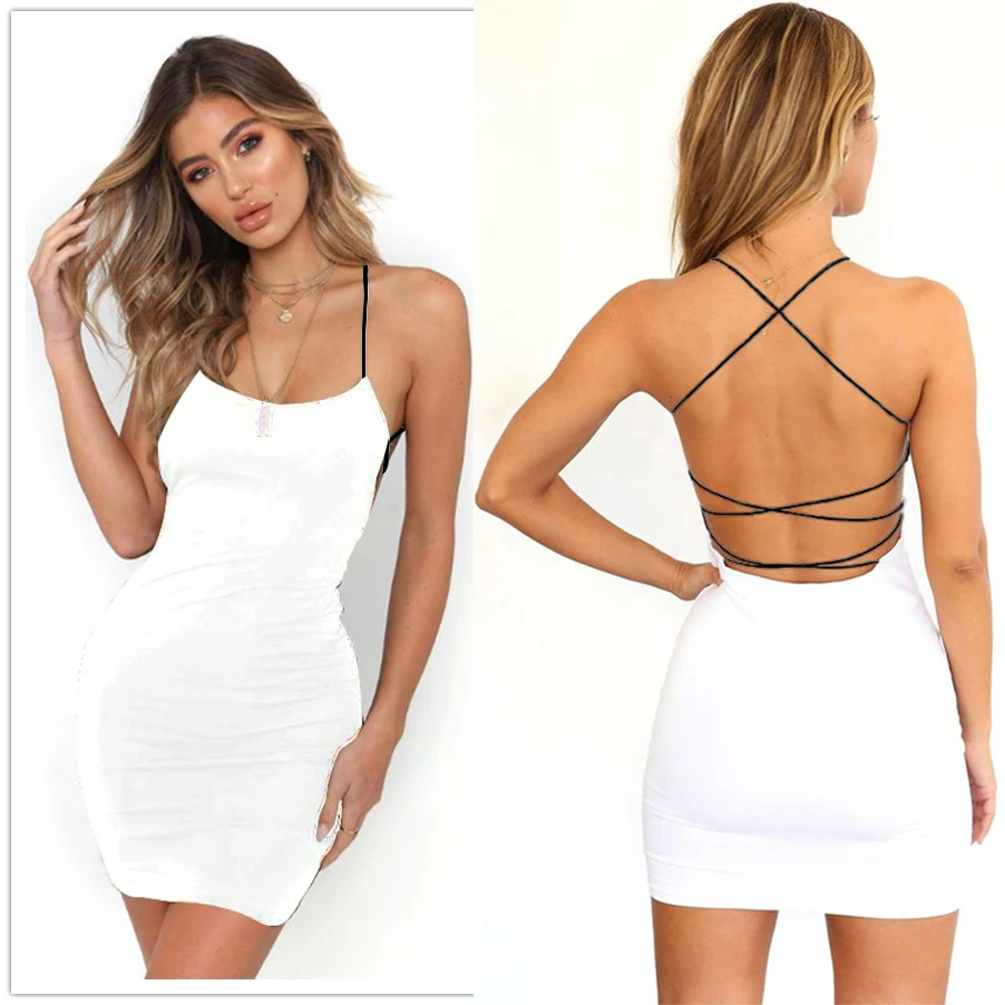 

2022 New Sleeveless Spaghetti Strap Bodycon Mini Dress Women Summer Black Backless Party Sexy White Black Clubwear Dresses