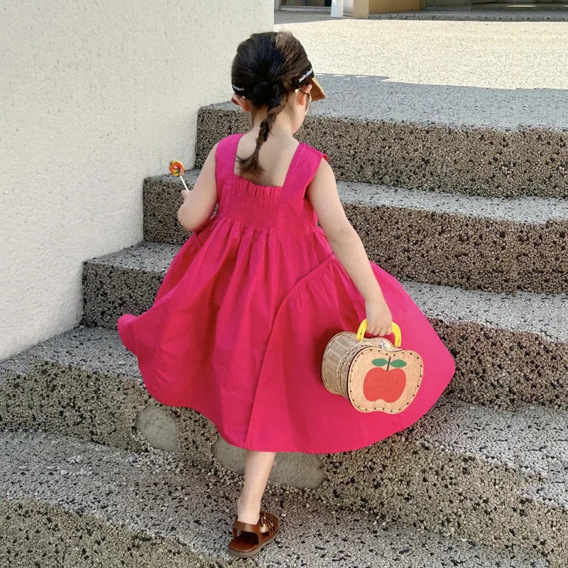 

Girls Korea 2023 Children Sleeveless Dress Children Baby Cotton Skirt Kids Long Length Hot Pink Forcks Casual Style Clothes