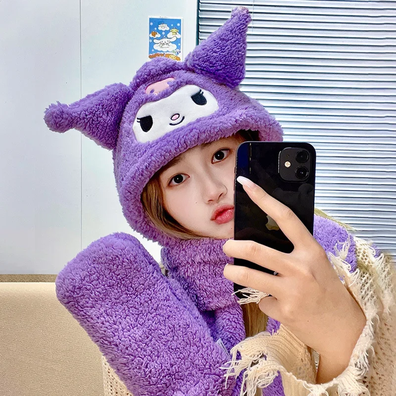 

Sanrio Anime Kawaii Hello Kitty Kuromi Hat Scarf Glove Warm Three Pieces Cute Cartoon Cinnamoroll Lovely Hooded Windproof Gifts