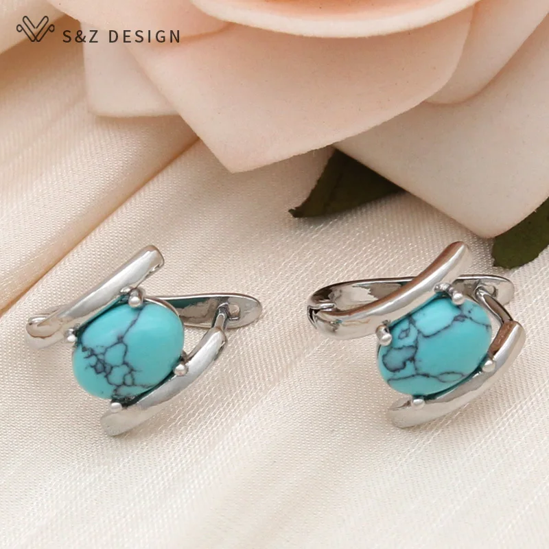 S&Z DESIGN New Fashion Simple 585 Rose Gold Color Egg Shape Imitation Turquoises Dangle Earrings For Women Wedding Jewelry Gift