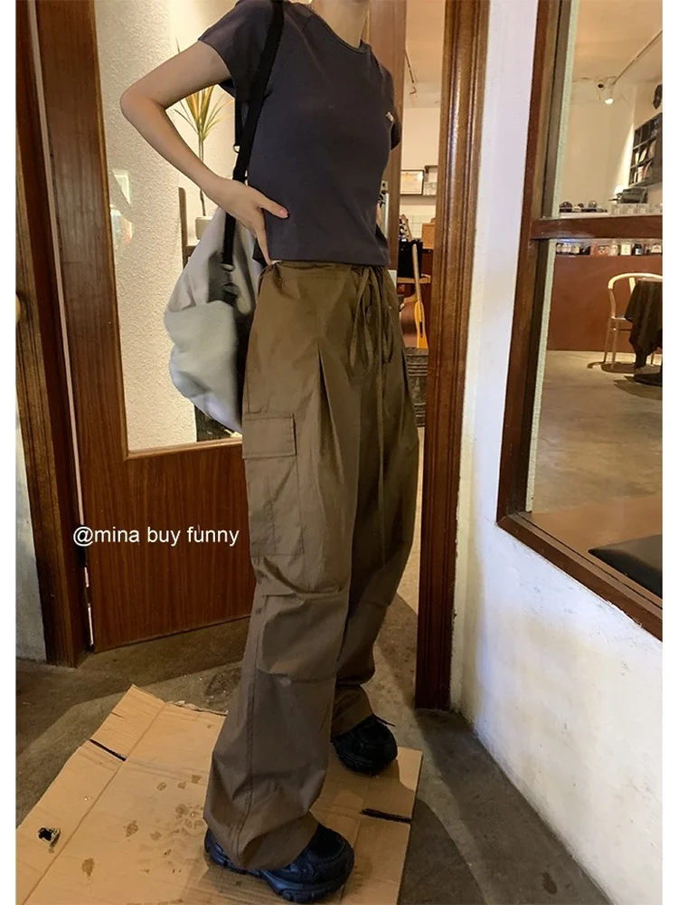 HOUZHOU Y2K Drawstring Black Cargo Parachute Pants Women Harajuku  Streetwear Oversize Wide Leg Straight Trousers Female Pockets
